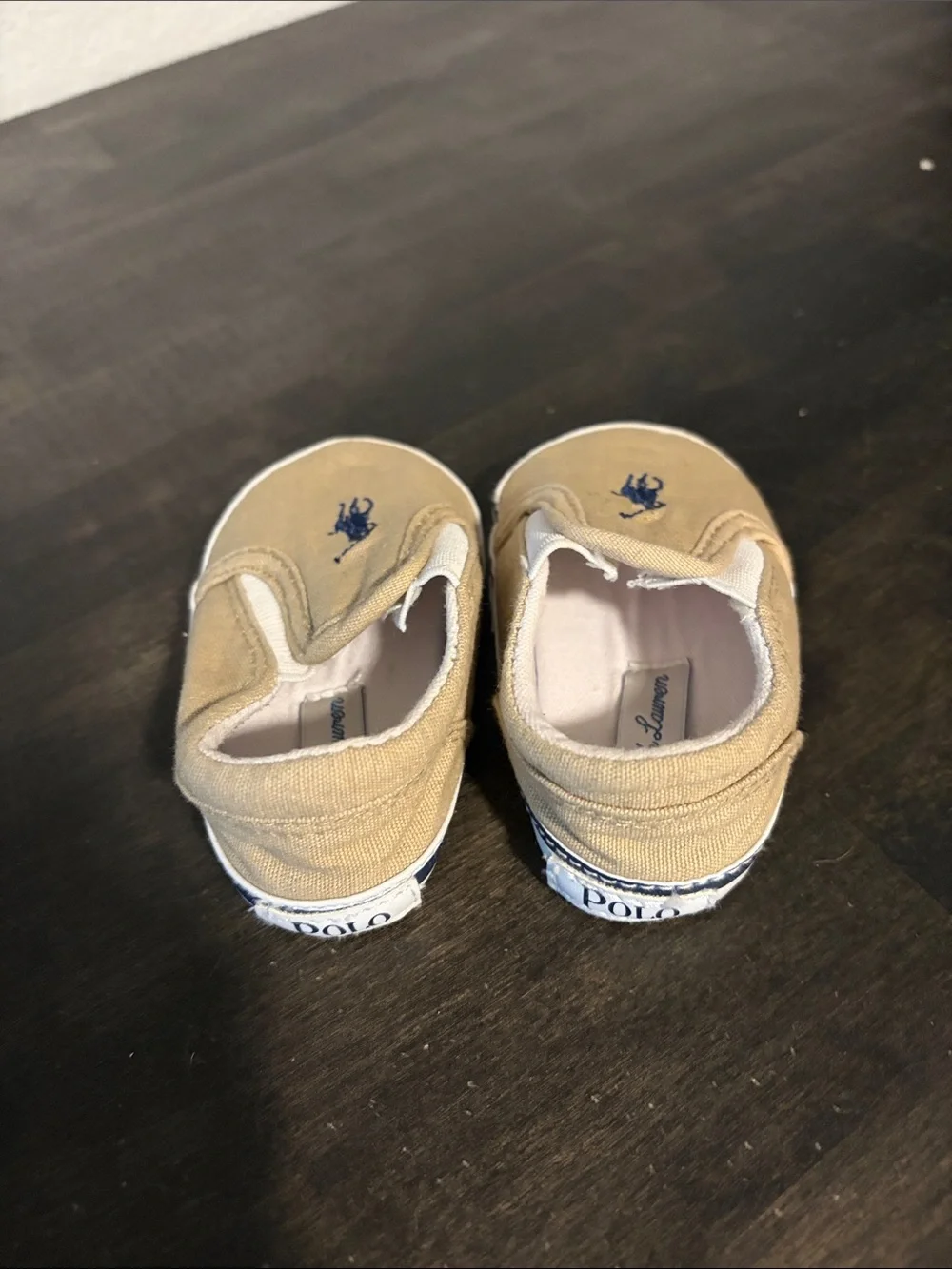 Polo Ralph Lauren Tan Blue Embroidered Pony Crib Shoes Size 3 Months